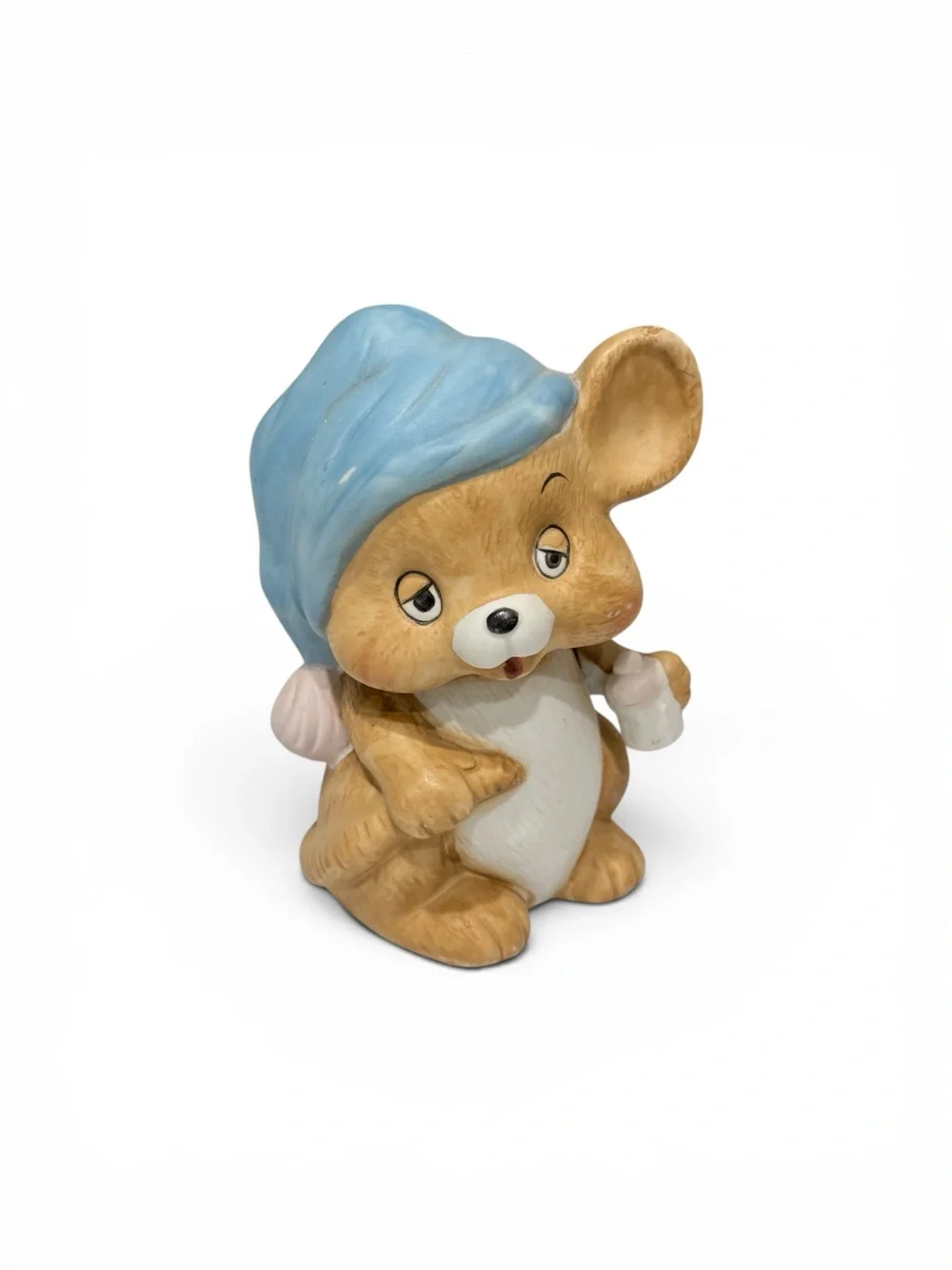 Vintage Porcelain Sleepy Mouse Night Light – Nursery Lamp with Blue Hat